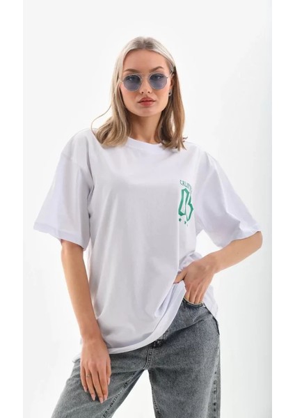 Aknbutik Unisex Baskılı Oversize T-Shirt - Beyaz