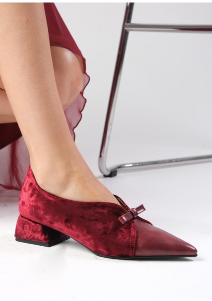 Sabine Bordo Renk Kadife Sivri Burunlu Kadın Kısa Topuklu Ayakkabı modelleri