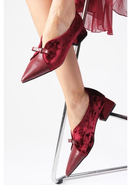 Sabine Bordo Renk Kadife Sivri Burunlu Kadın Kısa Topuklu Ayakkabı fırsatları