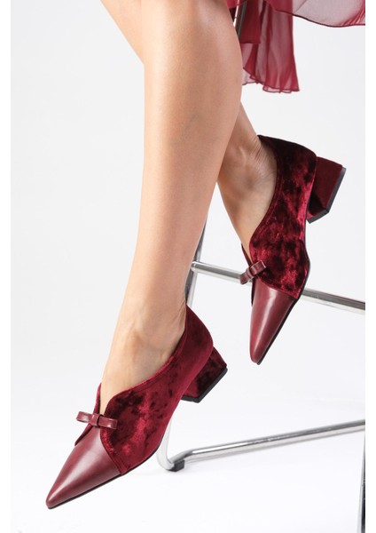 Sabine Bordo Renk Kadife Sivri Burunlu Kadın Kısa Topuklu Ayakkabı indirimleri