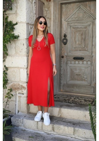 Aknbutik Kadın Kısa Kollu V Yaka Maxi Boy Elbise 124 cm fırsatları