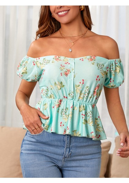 Aknbutik Kadın Kısa Kollu Madonna Yaka Çiçek Desenli Düğme Detay Gipeli Süprem Kumaş Bluz