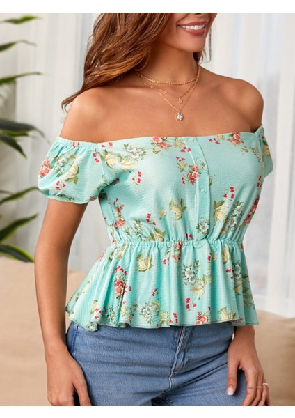 Aknbutik Kadın Kısa Kollu Madonna Yaka Çiçek Desenli Düğme Detay Gipeli Süprem Kumaş Bluz fiyatları