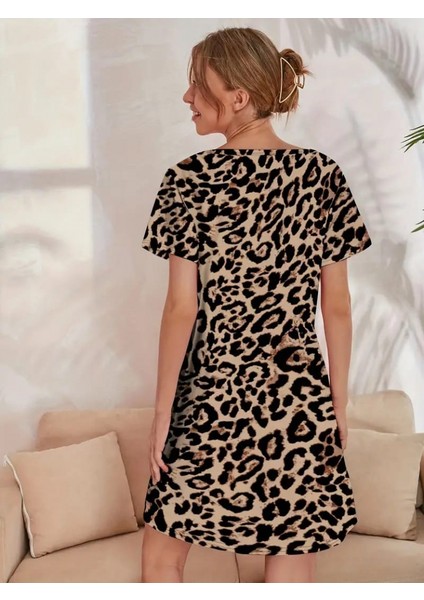 Aknbutik Kadın Kısa Kollu Bisiklet Yaka Leopa Desen Süprem Elbise modelleri