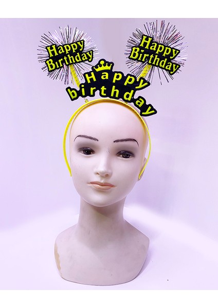 Parti Happy Birthday Püsküllü Neon Sarı Renk Doğum Günü Tacı 22 x 19 cm