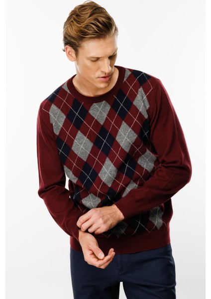 Erkek Sıfır Yaka Önü Baklava Desenli Kazak Bordo