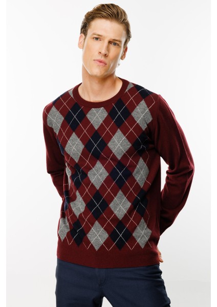 Erkek Sıfır Yaka Önü Baklava Desenli Kazak Bordo fırsatları