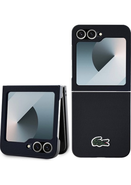 Galaxy Z Flip 6 Kılıf Lacoste Orjinal Lisanslı Pu Pike Desenli Yüzey Ikonik Timsah Dokuma Logo Siyah