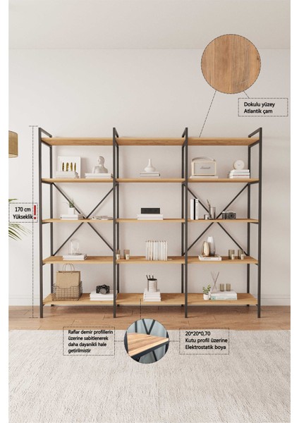 Nilamu Çam 200 cm Kitaplık Metal Aksamlı Açık Raf Organizer Ofis Ev 5 Raflı Kitaplık