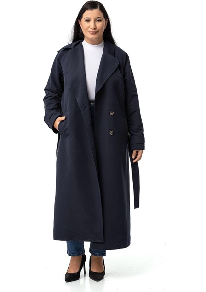 Büyük Beden Mono Yaka Kruvaze Kapamalı Yırtmaçlı Astarlı Uzun Lacivert Trençkot