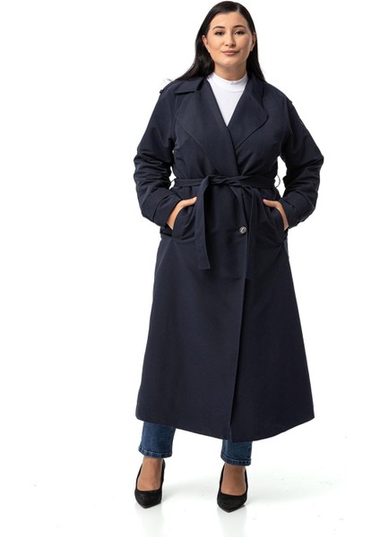 Büyük Beden Mono Yaka Kruvaze Kapamalı Yırtmaçlı Astarlı Uzun Lacivert Trençkot fiyatları