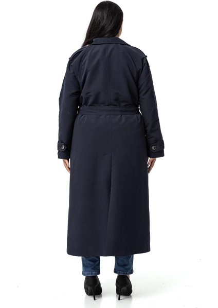 Büyük Beden Mono Yaka Kruvaze Kapamalı Yırtmaçlı Astarlı Uzun Lacivert Trençkot modelleri