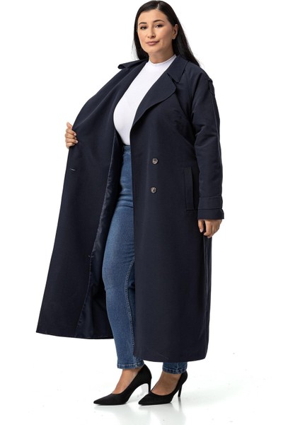 Büyük Beden Mono Yaka Kruvaze Kapamalı Yırtmaçlı Astarlı Uzun Lacivert Trençkot fırsatları