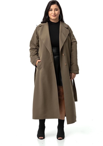 Büyük Beden Mono Yaka Kruvaze Kapamalı Yırtmaçlı Astarlı Uzun Haki Trençkot