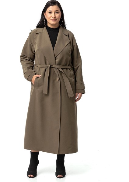 Büyük Beden Mono Yaka Kruvaze Kapamalı Yırtmaçlı Astarlı Uzun Haki Trençkot fiyatları