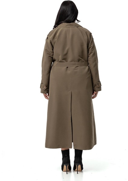 Büyük Beden Mono Yaka Kruvaze Kapamalı Yırtmaçlı Astarlı Uzun Haki Trençkot modelleri