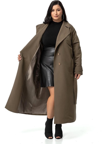 Büyük Beden Mono Yaka Kruvaze Kapamalı Yırtmaçlı Astarlı Uzun Haki Trençkot fırsatları