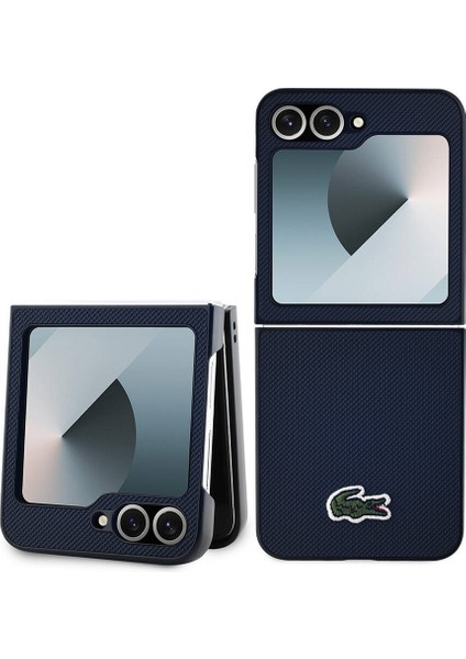 Galaxy Z Flip 6 Kılıf Lacoste Orjinal Lisanslı Pu Pike Desenli Ikonik Timsah Dokuma Logo Lacivert