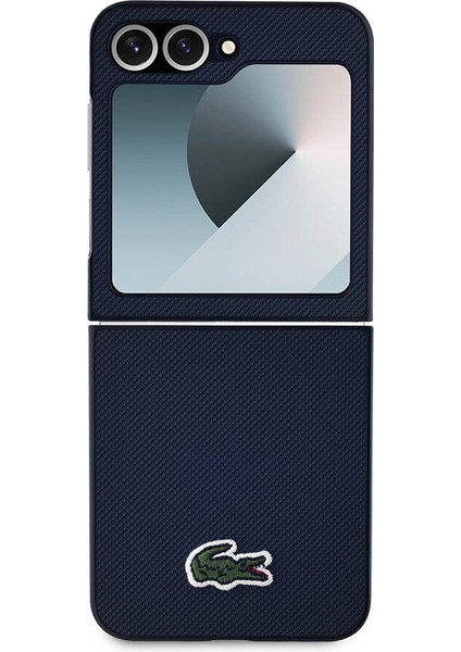 Galaxy Z Flip 6 Kılıf Lacoste Orjinal Lisanslı Pu Pike Desenli Ikonik Timsah Dokuma Logo Lacivert