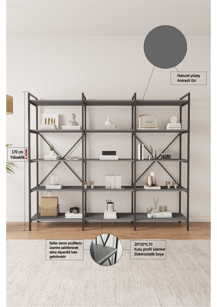 Nilamu Antrasit 200 cm Kitaplık Metal Aksamlı Organizer Ofis Ev 5 Raflı Kitaplık