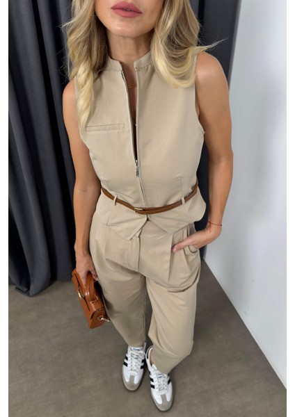 Taş Rengi Fermuarlı Yelek Pantolon Takım fiyatları