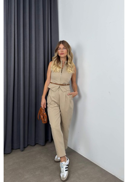 Taş Rengi Fermuarlı Yelek Pantolon Takım modelleri