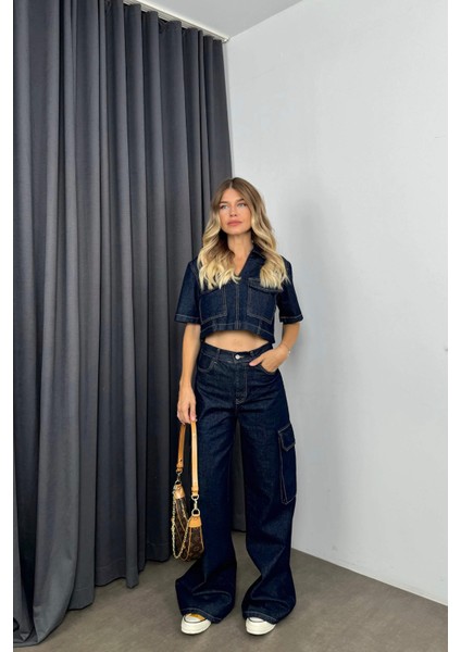 Lacivert Yıkamalı Crop Pantolon Denim Takım fiyatları