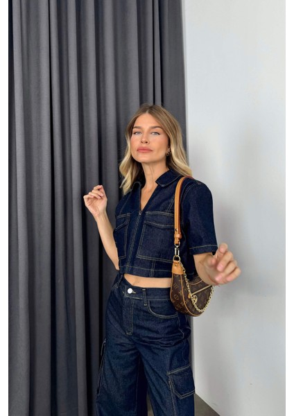 Lacivert Yıkamalı Crop Pantolon Denim Takım modelleri