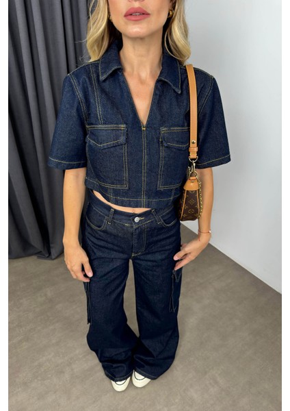 Lacivert Yıkamalı Crop Pantolon Denim Takım fırsatları