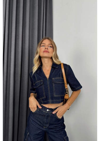 Lacivert Yıkamalı Crop Pantolon Denim Takım