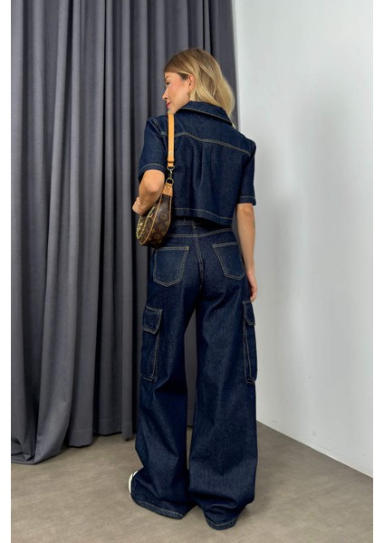 Lacivert Yıkamalı Crop Pantolon Denim Takım