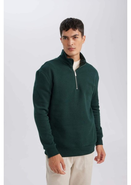 Comfort Regular Fit Rahat Kalıp Dik Yaka Fermuarlı Kalın Basic Düz Sweatshirt X7405AZ24AU