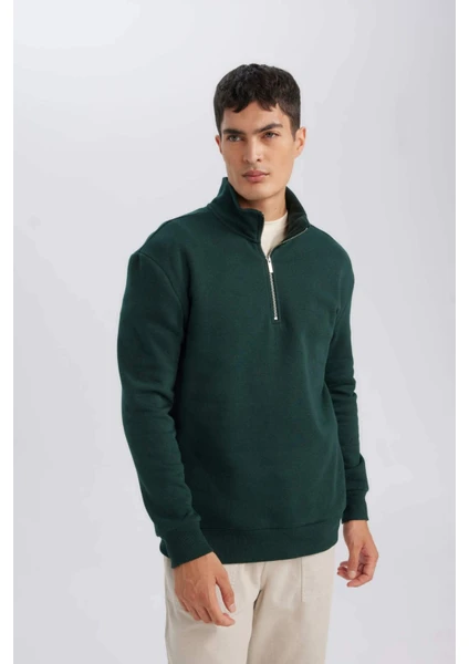 Comfort Regular Fit Rahat Kalıp Dik Yaka Fermuarlı Kalın Basic Düz Sweatshirt X7405AZ24AU