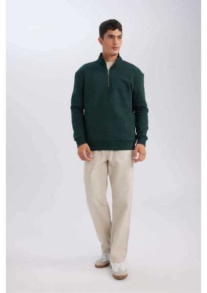 Comfort Regular Fit Rahat Kalıp Dik Yaka Fermuarlı Kalın Basic Düz Sweatshirt X7405AZ24AU