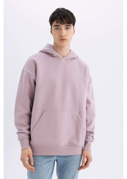 Oversize Geniş Kalıp Kapüşonlu Kanguru Cepli Basic Düz Sweatshirt A4331AX24AU