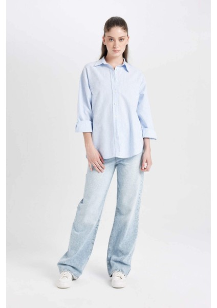 Oversize Geniş Kalıp Çizgili Oxford Uzun Kollu Gömlek D4015AX24AU