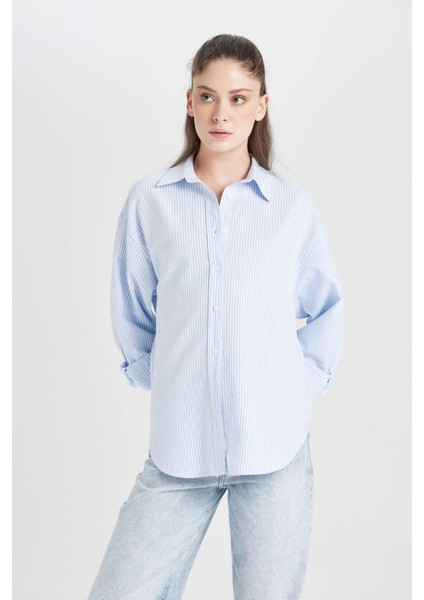 Oversize Geniş Kalıp Çizgili Oxford Uzun Kollu Gömlek D4015AX24AU