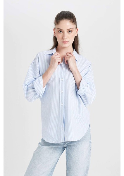 Oversize Geniş Kalıp Çizgili Oxford Uzun Kollu Gömlek D4015AX24AU