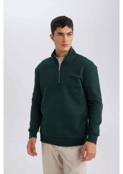 Comfort Regular Fit Rahat Kalıp Dik Yaka Fermuarlı Kalın Basic Düz Sweatshirt X7405AZ24AU