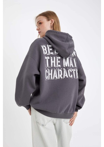 Oversize Fit Kapüşonlu Baskılı Kalın Kumaş SWEATSHIRT E0673AX24WN