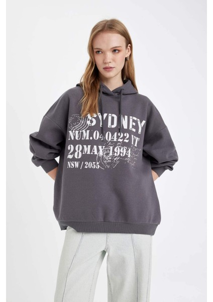 Oversize Fit Kapüşonlu Baskılı Kalın Kumaş SWEATSHIRT E0673AX24WN