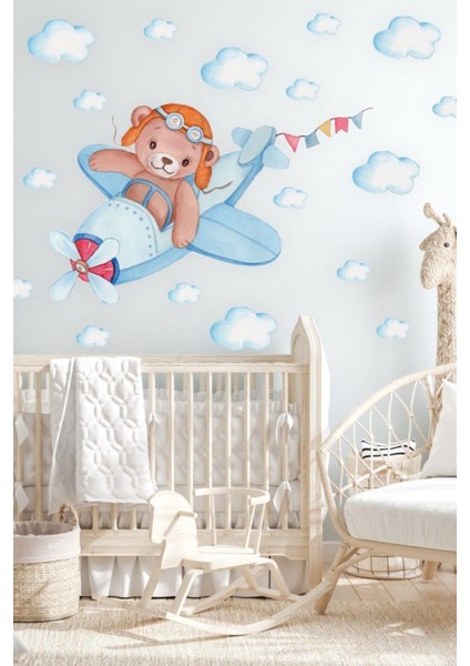 Sevimli ayıcık ve bulutlar temalı çocuk odası sticker seti, turuncu renk, 1 parça