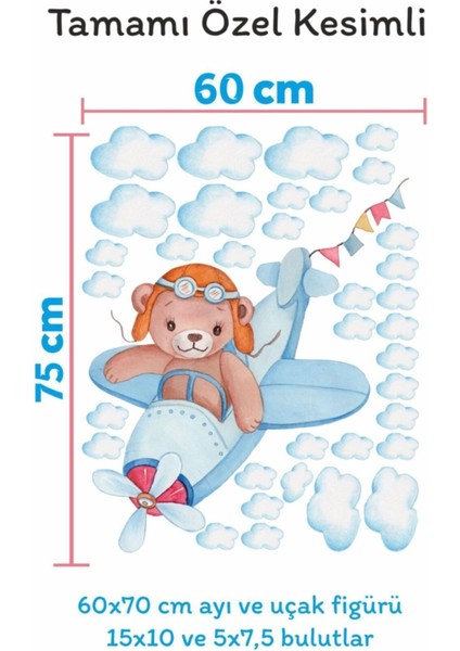 Sevimli ayıcık ve bulutlar temalı çocuk odası sticker seti, turuncu renk, 1 parça modelleri