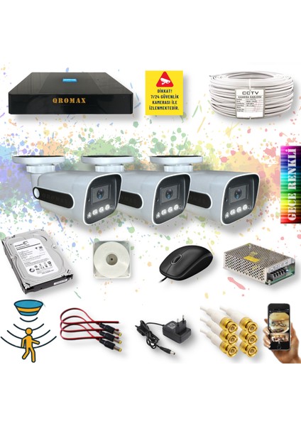 3 Kameralı Set - Gece Renkli Gösteren Hareket Algılayan 5MP SONY Lensli 4 Ultra Warm Ledli 1080P FULLHD Güvenlik Kamerası Seti 784W