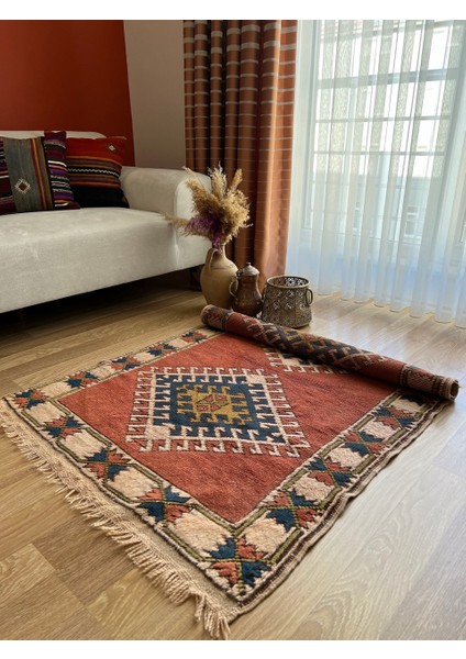 Kiremit Rengi Fas Stili Eklektik Kilim El Dokuma Küçük Boy Kilim