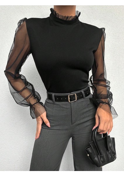 Kadın Yakası Fırfırlı Kolu Tül Esnek Örme Kumaş Bluz fiyatları