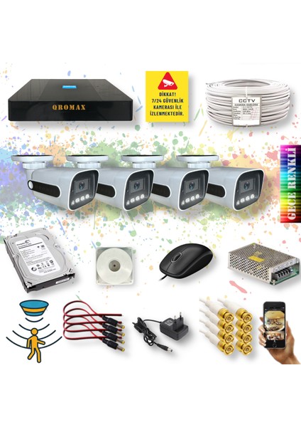4 Kameralı Set - Gece Renkli Gösteren Hareket Algılayan 5MP SONY Lensli 4 Ultra Warm Ledli 1080P FULLHD Güvenlik Kamerası Seti 784W