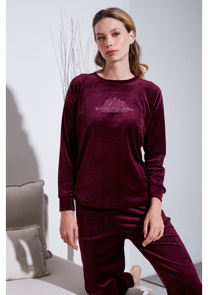 Standart Fit Bisiklet Yaka Yumuşak Kadife Pijama Takımı Bayan Pijama Takımı 6094201