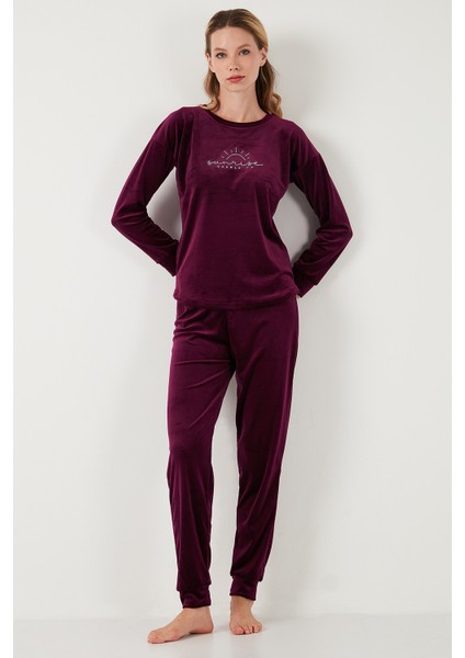 Standart Fit Bisiklet Yaka Yumuşak Kadife Pijama Takımı Bayan Pijama Takımı 6094201