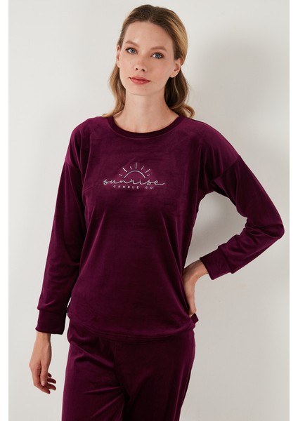 Standart Fit Bisiklet Yaka Yumuşak Kadife Pijama Takımı Bayan Pijama Takımı 6094201